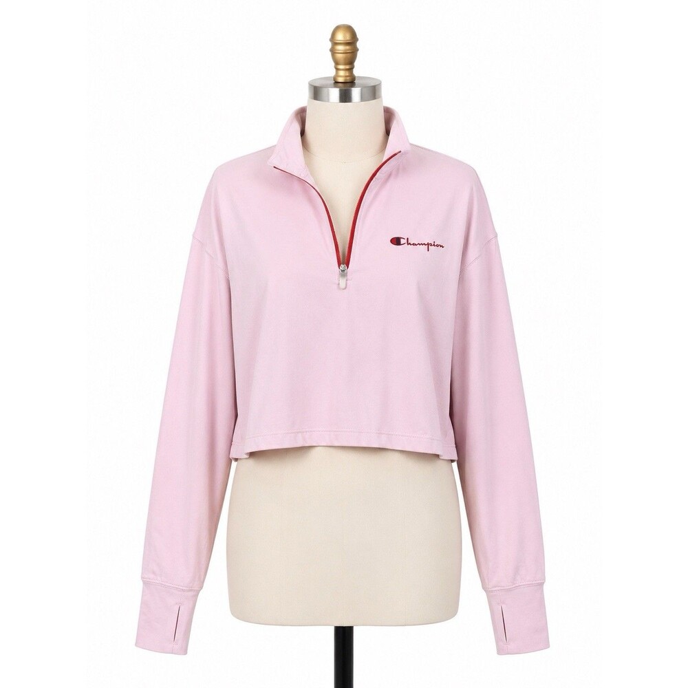 Champion Womens Cropped Quarter Zip Top Size Medium Pink Stretch Long Sleeve